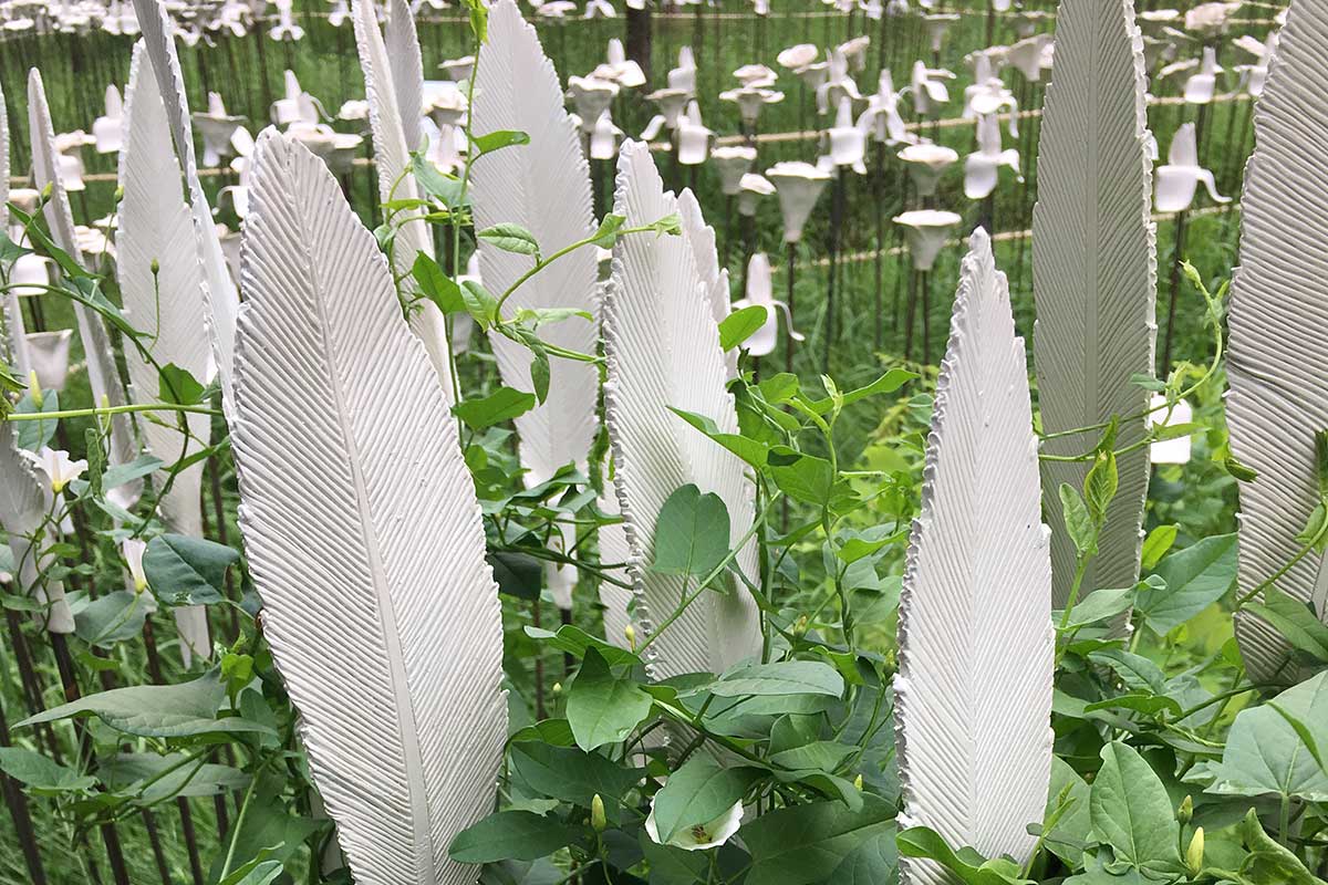 Ceramic feathers in green undergrowth