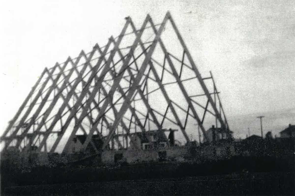 Black and white image of Saint Mark's church being built.