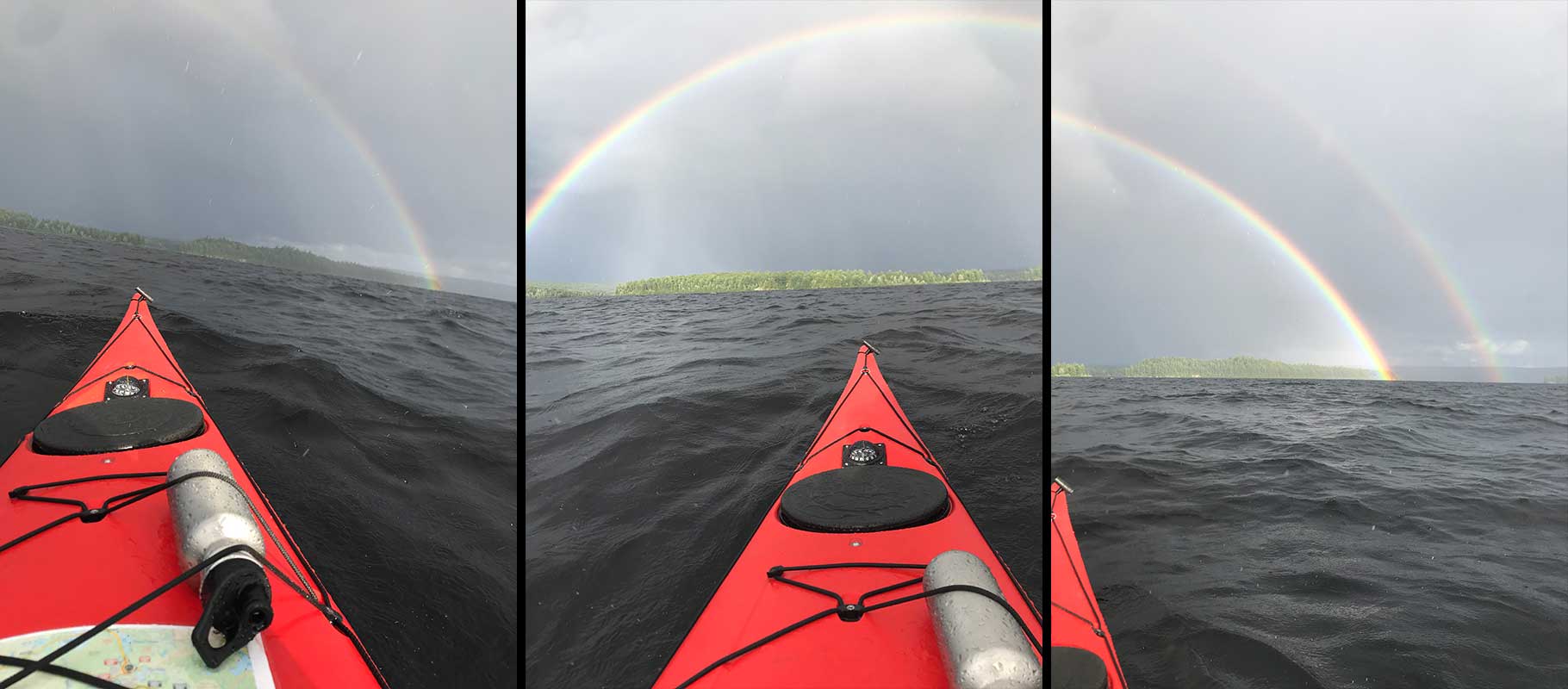 collage of photos of a rainbow from a kayak