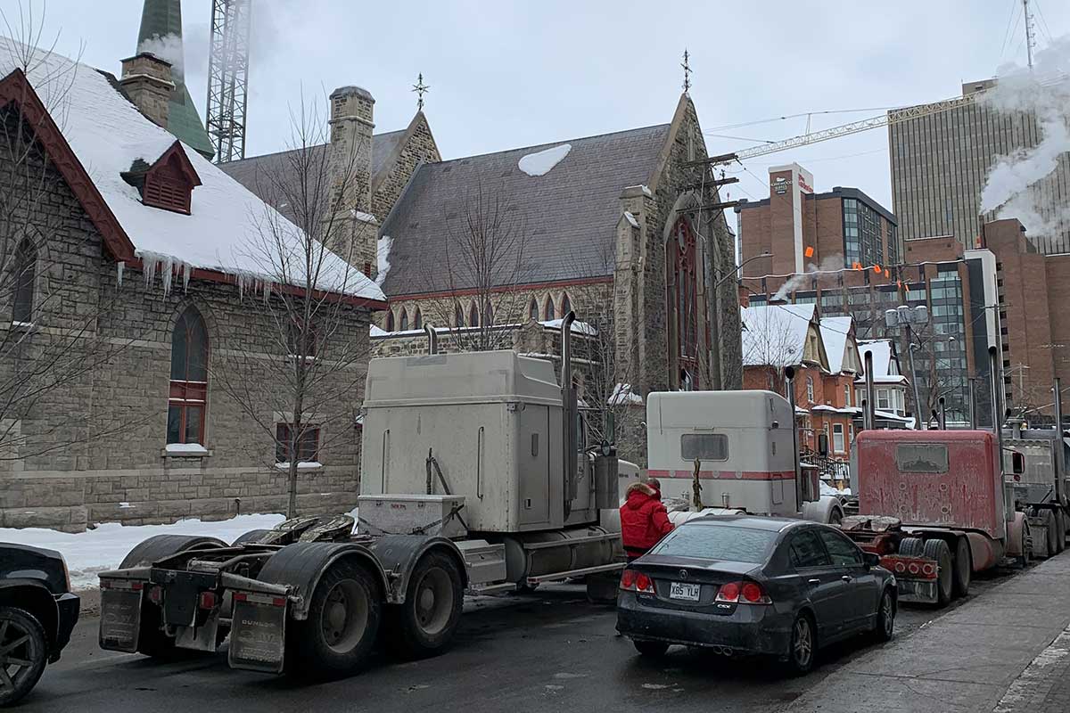 Idling trucks jammed up Queen St. in Ottawa next to Christ Church Cathedral in late January and early February.