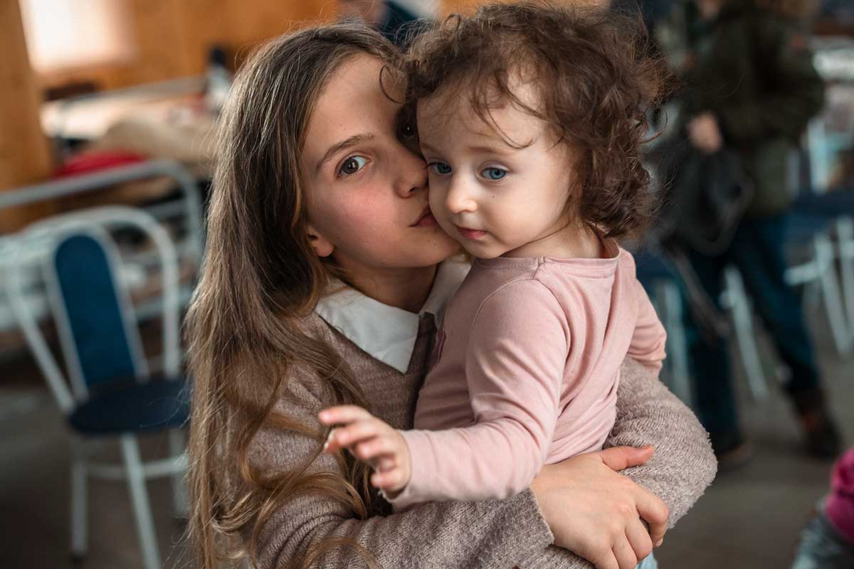 Ukrainian girls at a refugee shelter in Hungary.