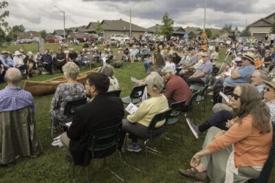 Crowd gathered for the unveiling of the exhibit in Almonte.