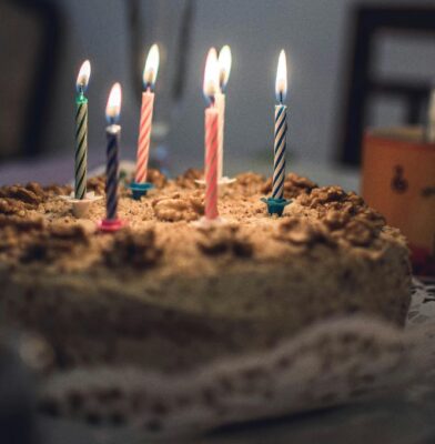 birthday cake with lit candles