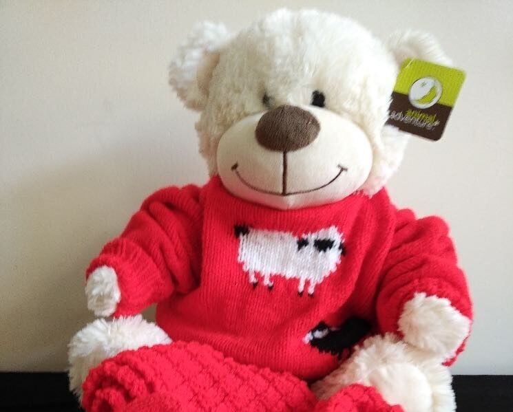 Teddy bear in read sweater with red mittens