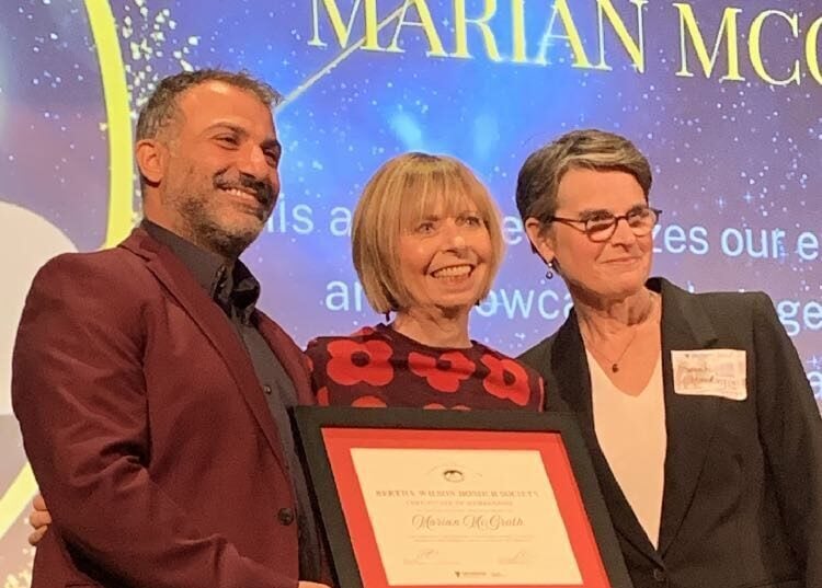 Tony Amoud, president of the Dalhousie Law Alumni Association and Sarah Harding, dean of the Schulich School of Law, celebrate Marian McGrath in Halifax.