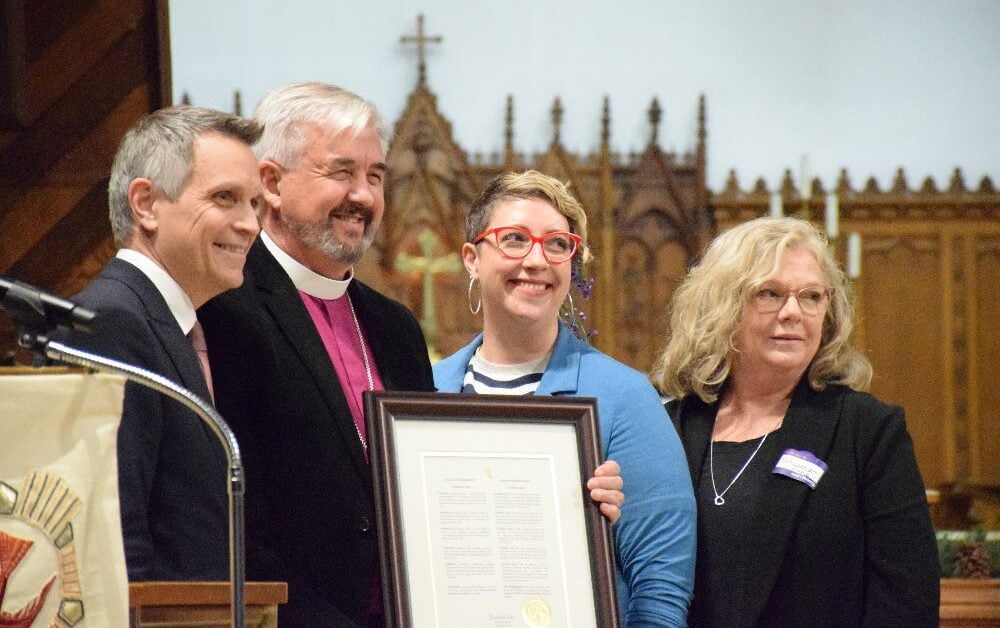 Mayor Mark Sutcliffe proclaims November 2024 Belong Ottawa Month with Bishop Shane Parker, City Councillor Ariel Troster, and Belong Ottawa ED Shauna-marie Young.