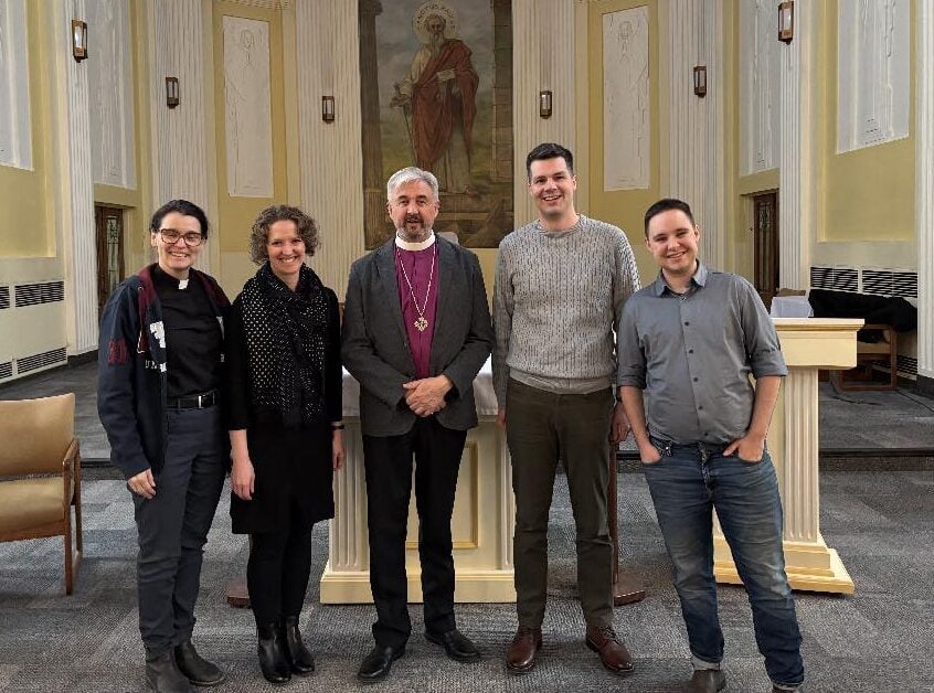 The Rev. Margo Whittaker, Dr. Sarah Johnson, Bishop Shane Parker, Josh Barrett-Zentner and Charlie Scromeda