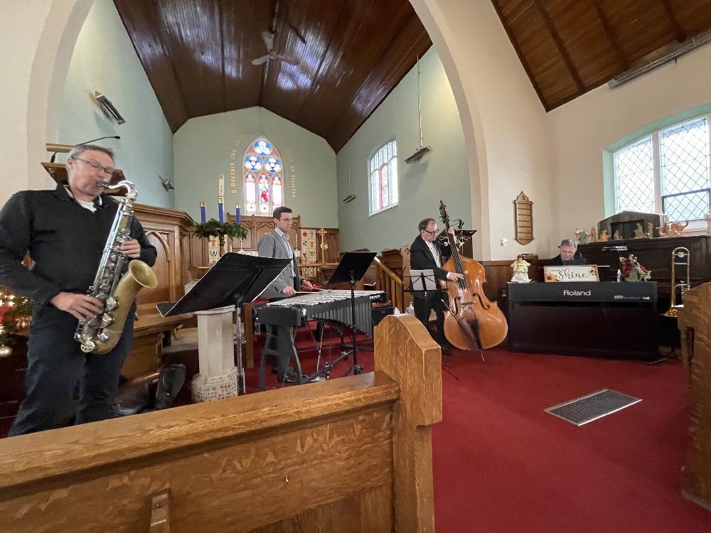 The Mark Ferguson Quartet can be heard at St. Paul's Osgoode for monthly jazz vespers. Mark Ferguson on piano and trombone; Mike Tremblay on saxophone and flute; John Geggie plays bass; and Jamie Holmes is on drums