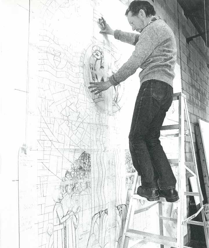 Wallis on a ladder working on a sketch of the window