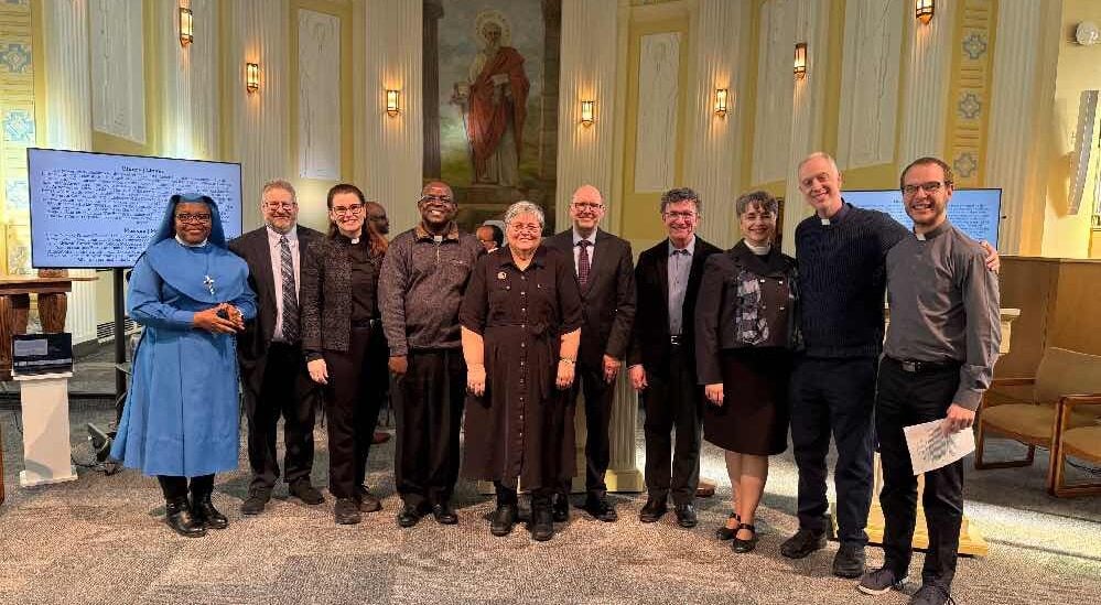 ( L to R) Sister Mary Linda Onuoha, the Rev. Andy Brubacher Kaethler, the Rev. Margo Whittaker, the Rev. Fr. William Serge Batiano, Lise Gauvin, the Rev. John Perkin, the Rev. Fr. John Malazdrewich, the Rev. Canon Catherine Ascah, the Rev. Fr. Matthew Brunet and the Rev. Fr. Erik Sorensen.