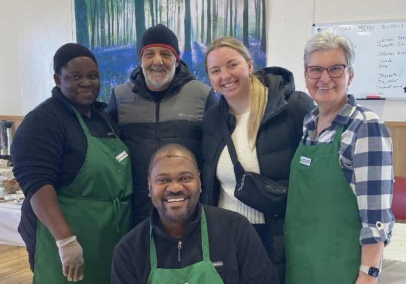 The Rev Felix Longdon (kneeling) with Jane Longdon, Rob Guerrini and Emma Weller (winter bundles) and Carolyn Coffin-Caputo