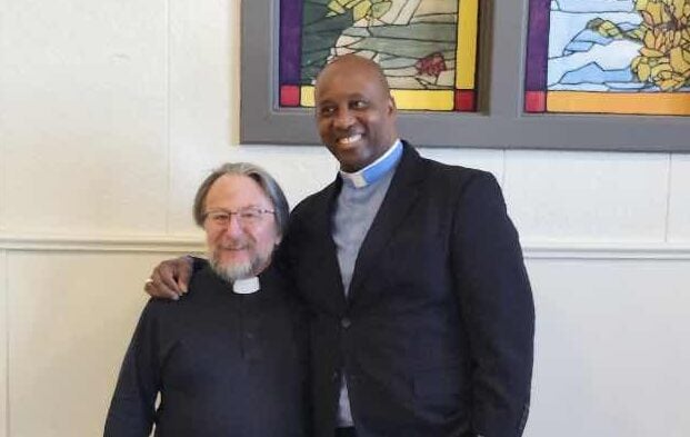 Archdeacon Eric Morin welcomes the Rev. Dr. Sony Jabouin to his first service at St. Paul’s Shawville.