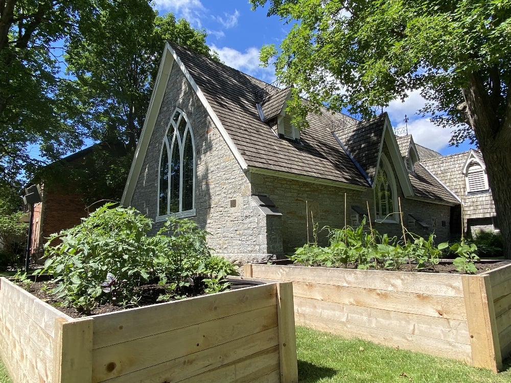 Garden box with vegetables and St. Bartholomew's church in the background on a sunny day.