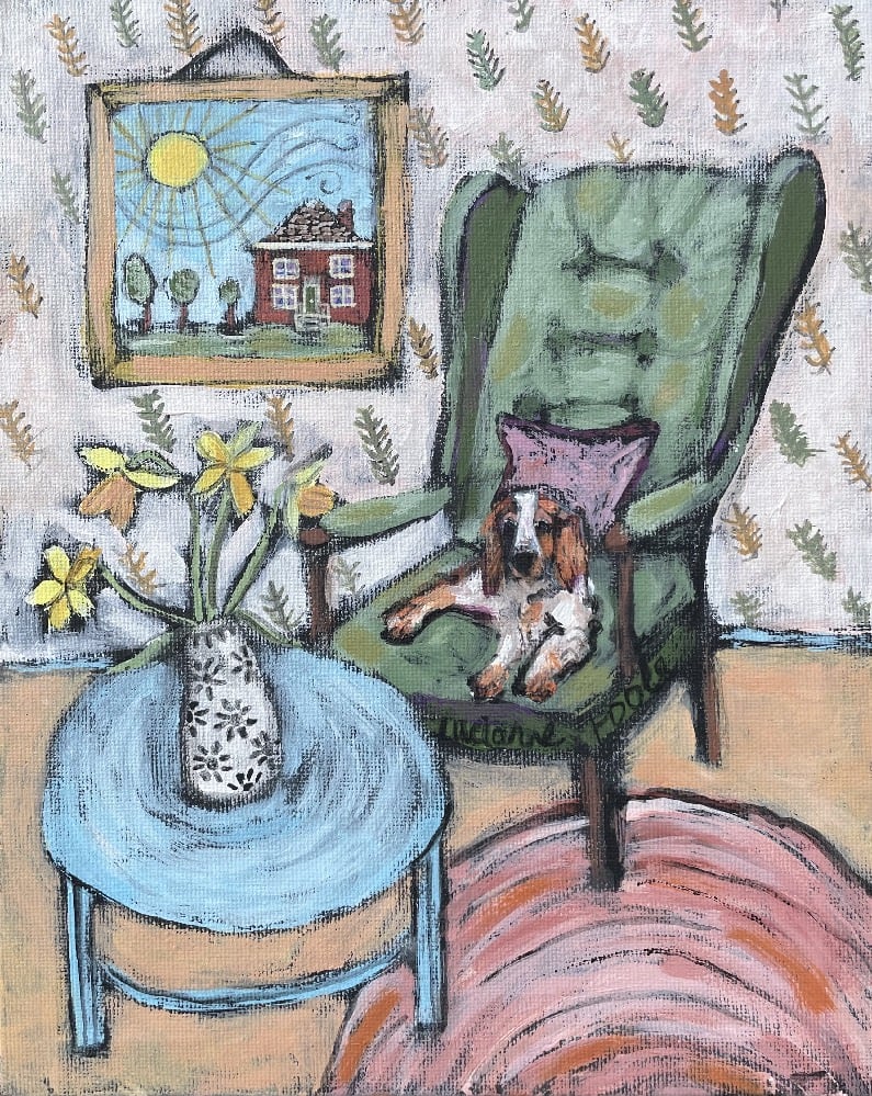 A painting of a chair and small table