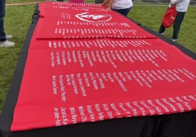 Memorial cloth folded on a table before the ceremony.