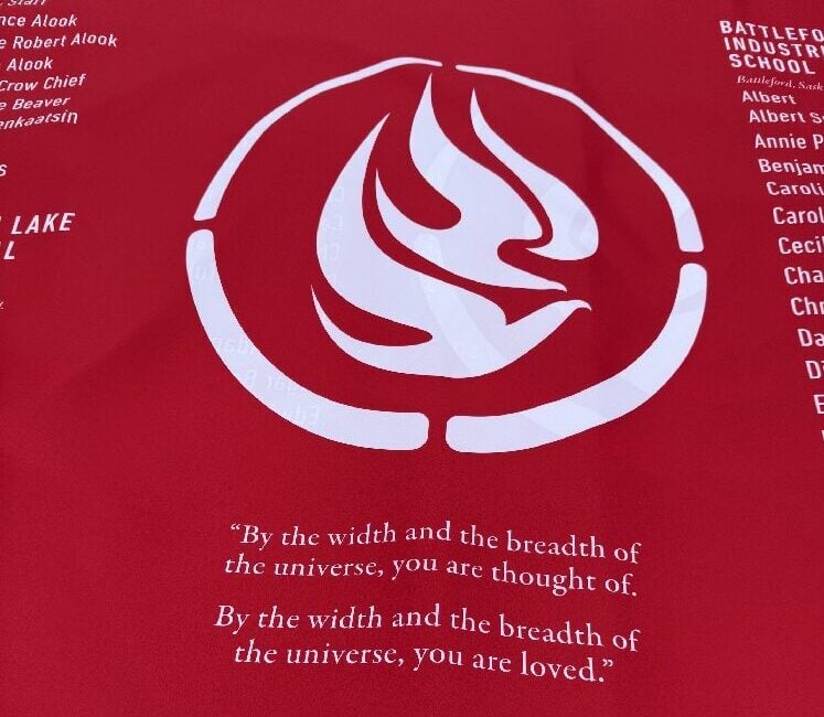 White logo of bird or flame shapes with the message that the children are thought of and loved.