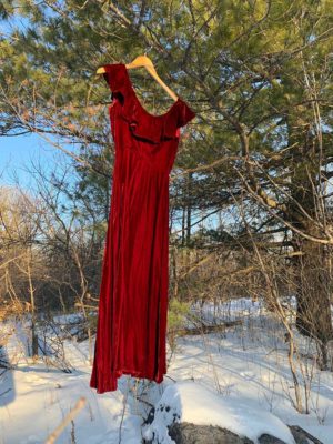Red dress on a hanger in the winter light