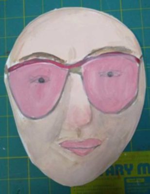 Painting of a person wearing rose-coloured glasses